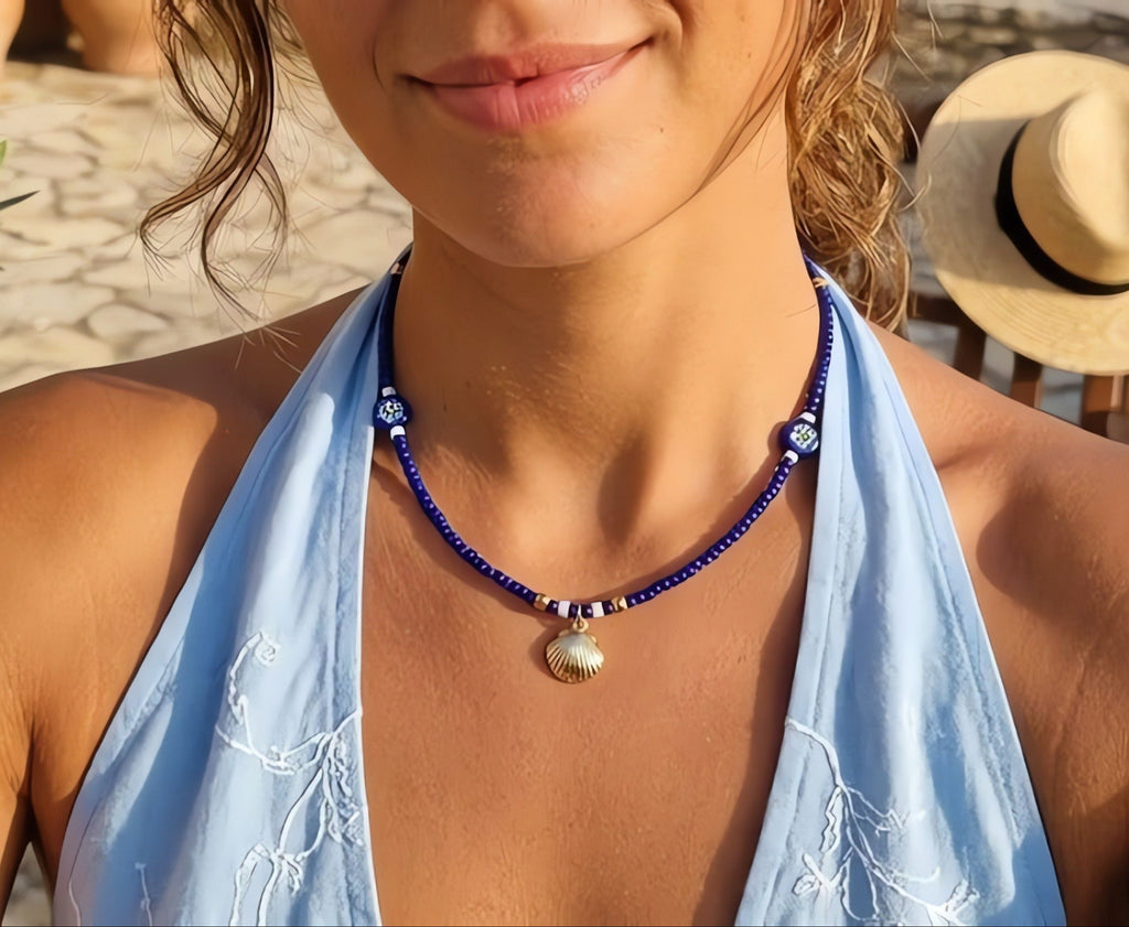 Blue glass beaded choker necklace with seashell charm