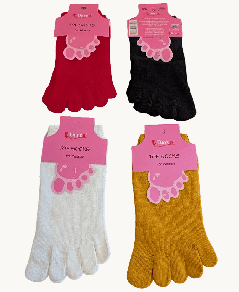 Women’s 5-finger toe socks: red, black, white, and mustard yellow