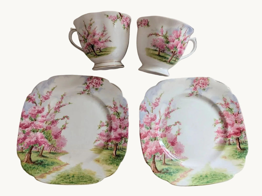 Royal Albert bone china tea cups and side plates, pink blossom garden pattern