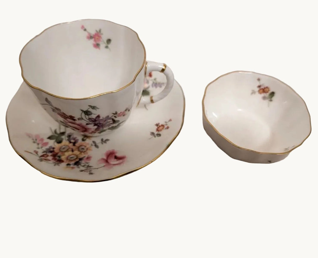Floral bone china teacup, saucer and pin dish with gold rim detail