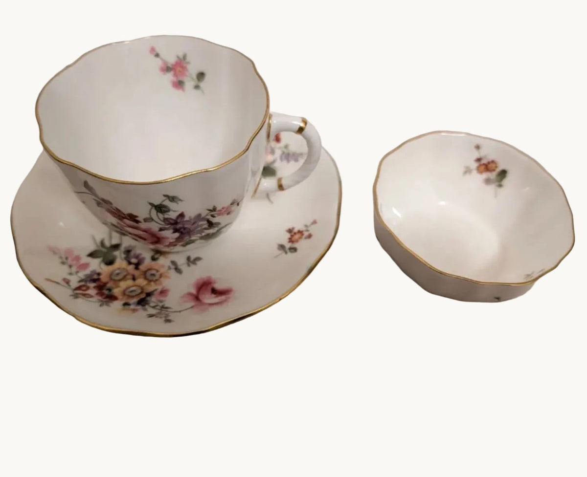 Floral bone china teacup, saucer and pin dish with gold rim detail