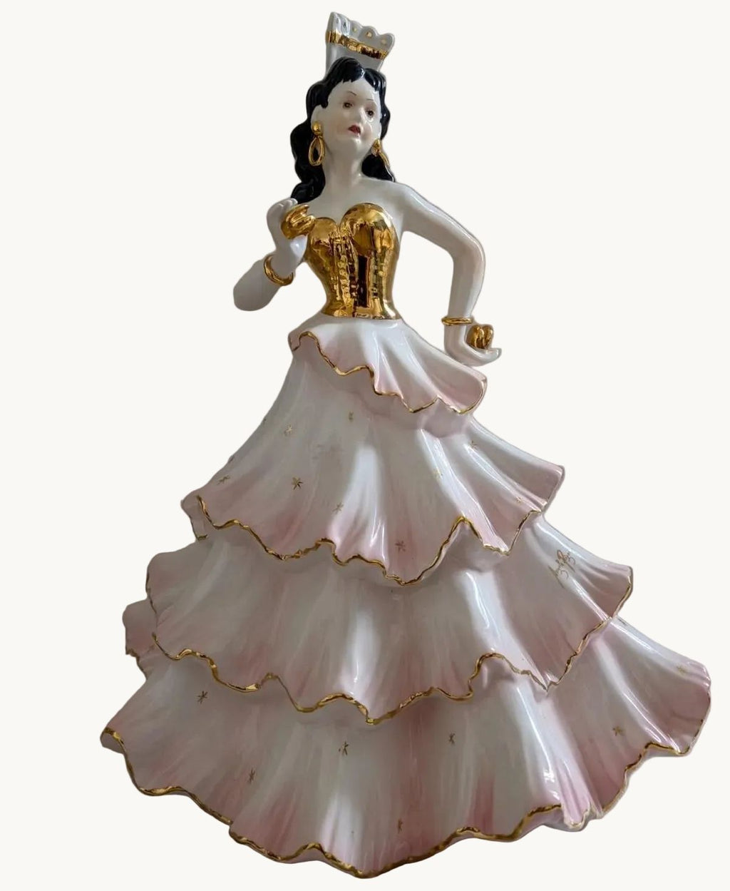 Large porcelain flamenco dancer figurine in white and pink with gold bodice and crown
