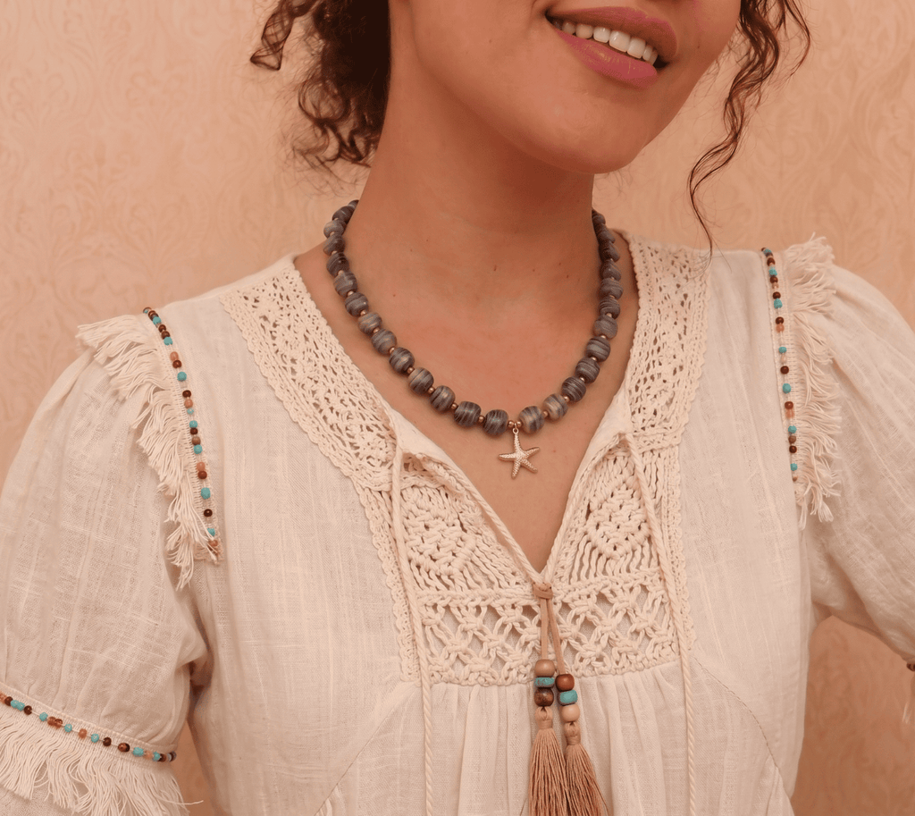 Starfish bead necklace with grey stone beads and gold starfish charm