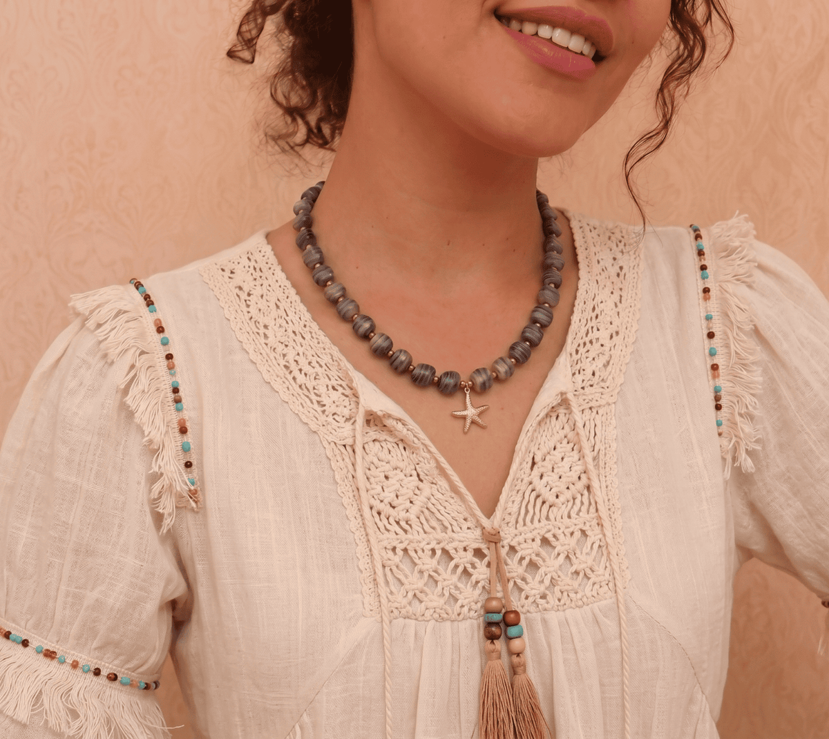 Starfish bead necklace with grey stone beads and gold starfish charm