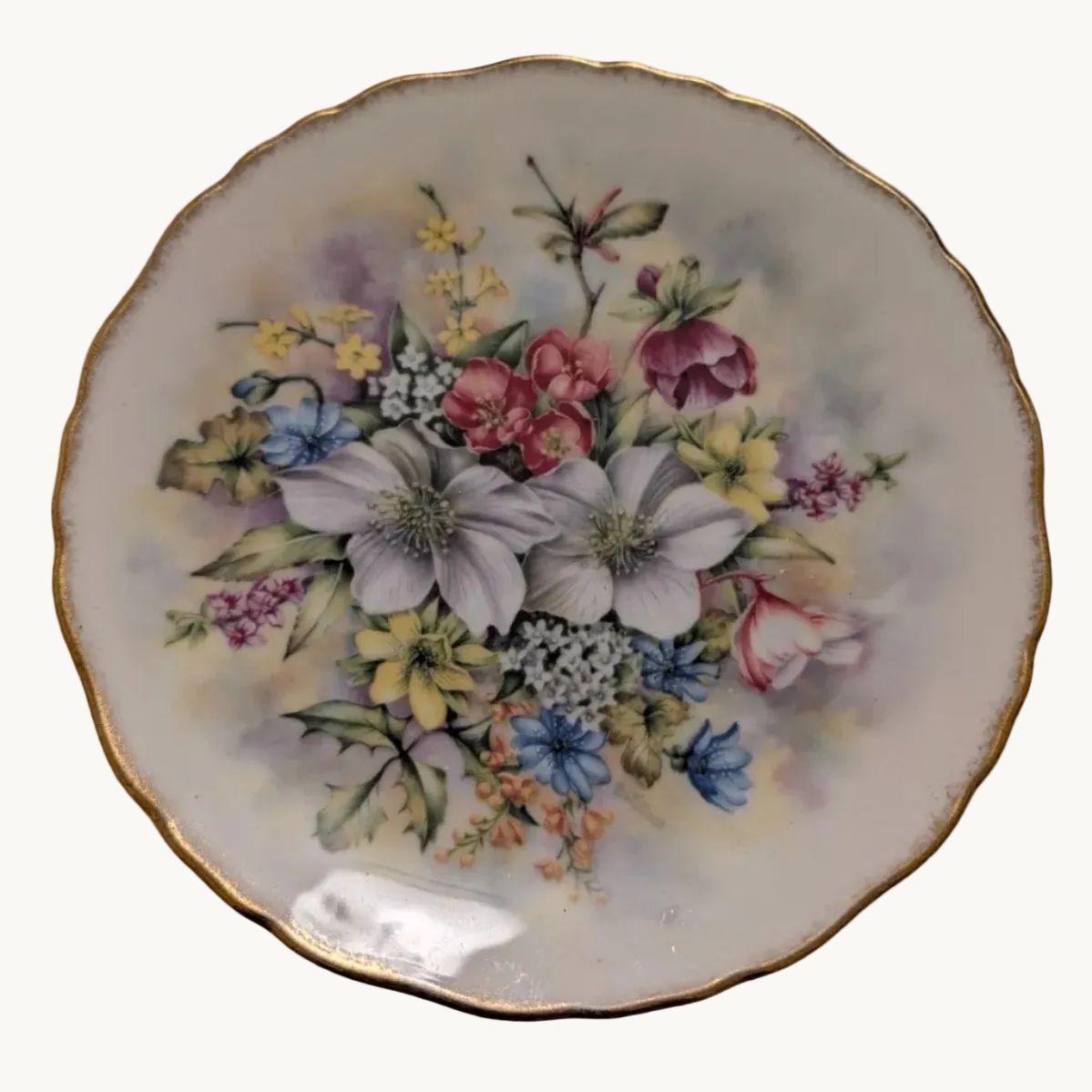 Royal Kent winter floral collector plate, white porcelain with gold rim