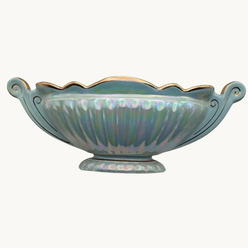 Iridescent oval centerpiece bowl with twin handles and gold rim, blue-green