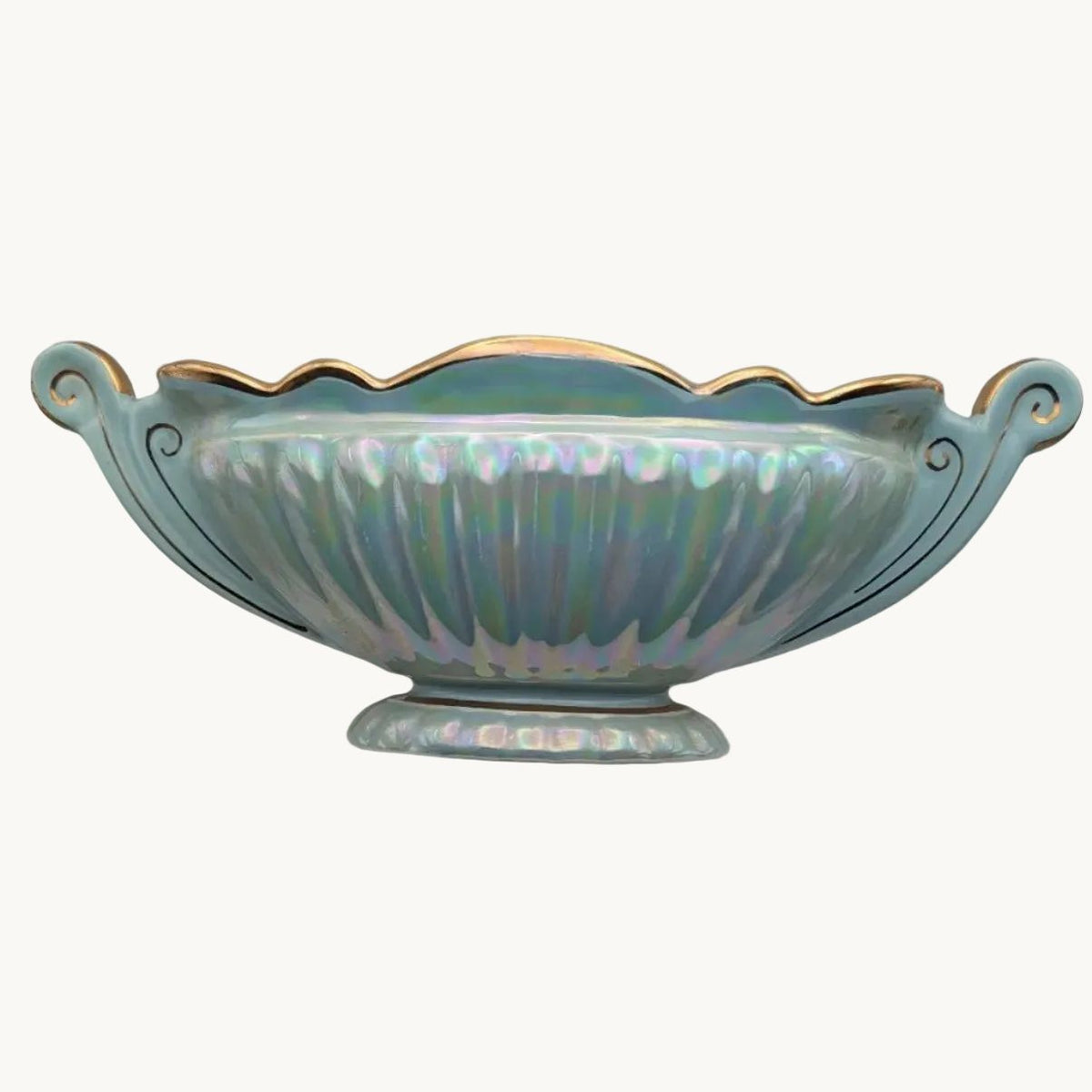 Iridescent oval centerpiece bowl with twin handles and gold rim, blue-green