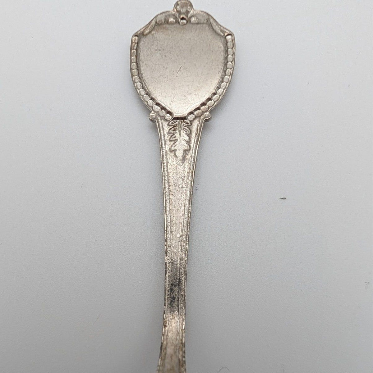 Souvenir collector spoon with engraved side and rounded decorative top end