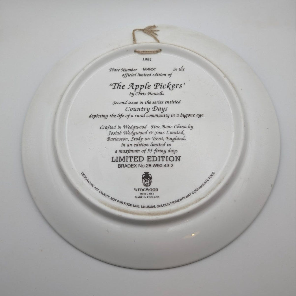 Wedgwood Country Days plate back: 'The Apple Pickers' limited edition text