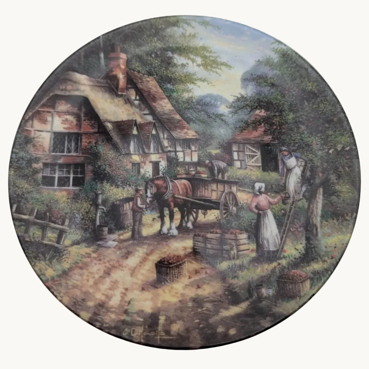 Wedgwood Country Days bone china collector plate with rural apple-picking scene, round design