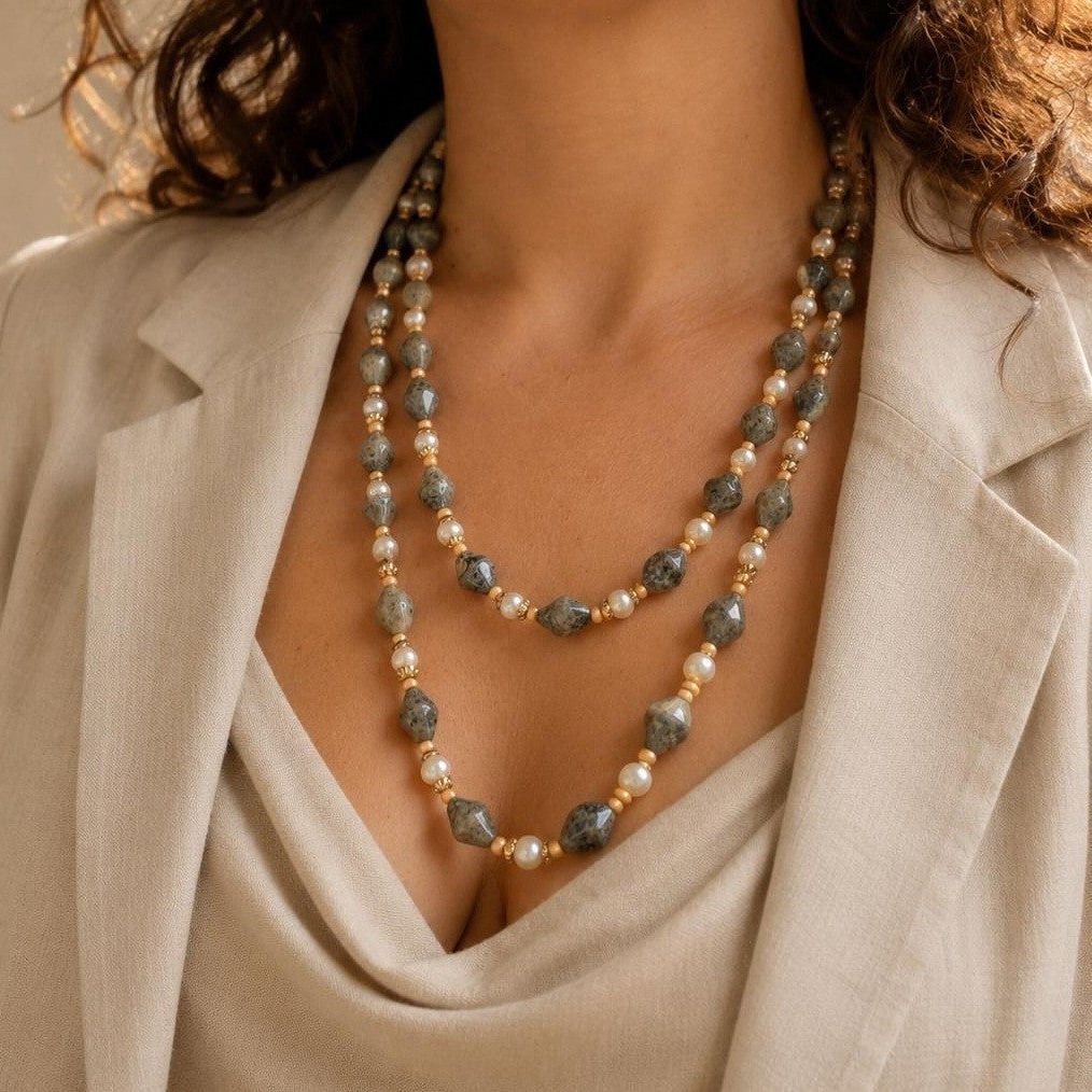 Layered opera necklace with grey speckled beads and gold-tone accents