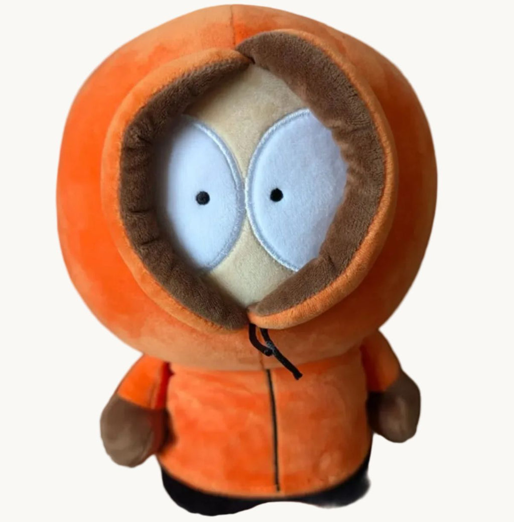 Orange hooded plush toy with stitched face details and brown trim, 8 inch