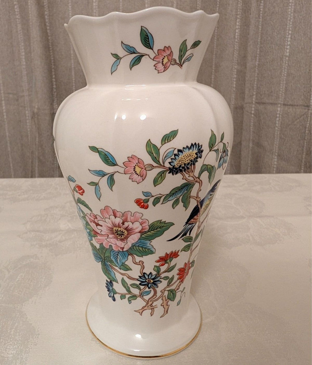 White fine bone china vase with multicolor flowers and blue bird motif