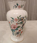 White fine bone china vase with multicolor flowers and blue bird motif