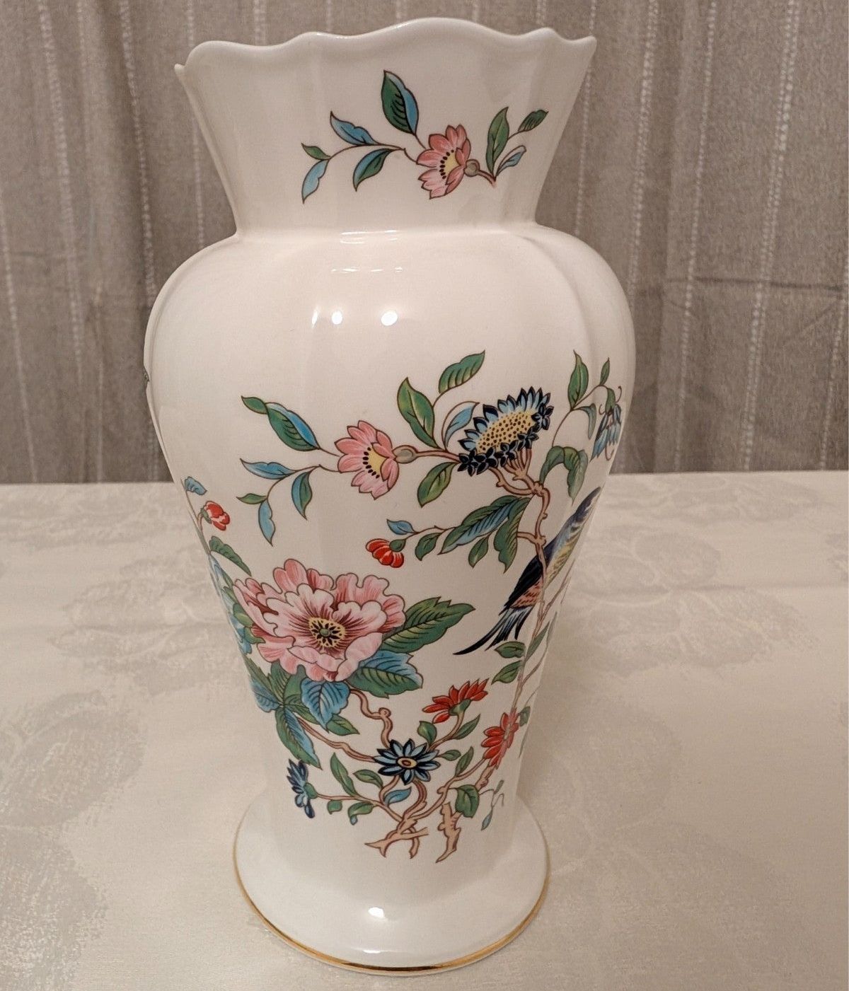 White fine bone china vase with multicolor flowers and blue bird motif