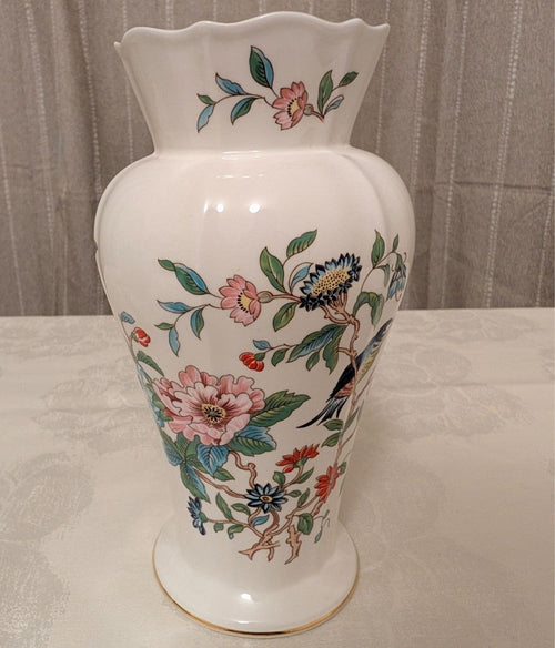 White fine bone china vase with multicolor flowers and blue bird motif