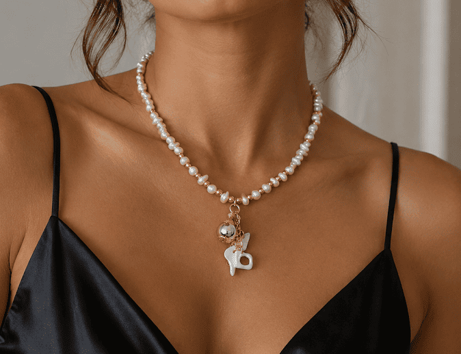 Pearl beaded choker necklace with gold-tone charm and small mother-of-pearl pendant