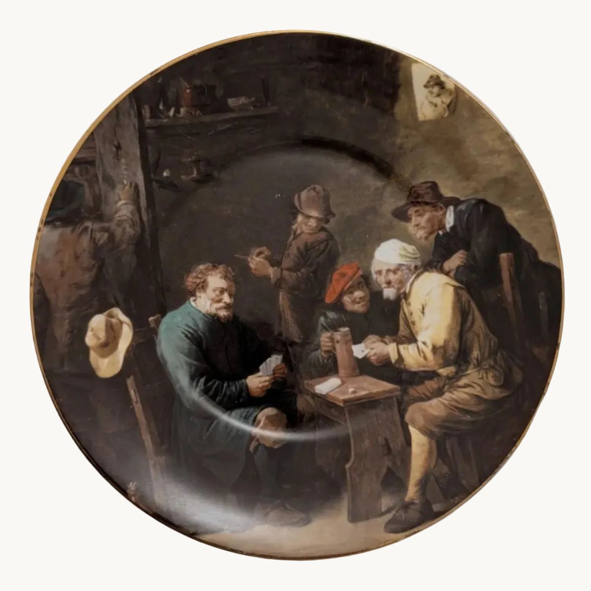 Decorative bone china cabinet plate with gold rim and Dutch tavern scene