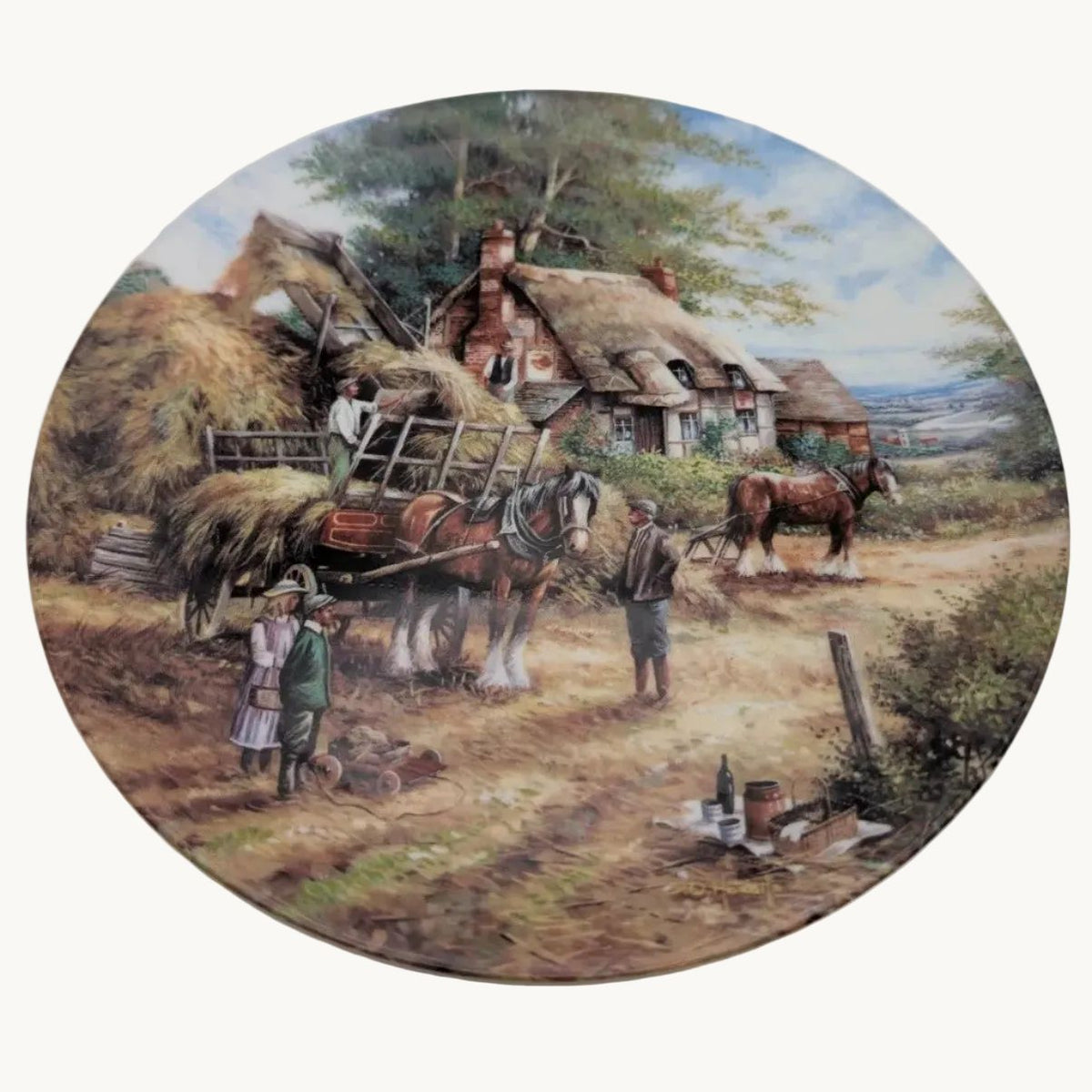 Decorative bone china collector plate with countryside farm scene and horses