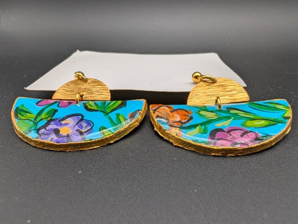 Boho wooden half-moon drop earrings, multicolor floral paint with gold-tone hooks
