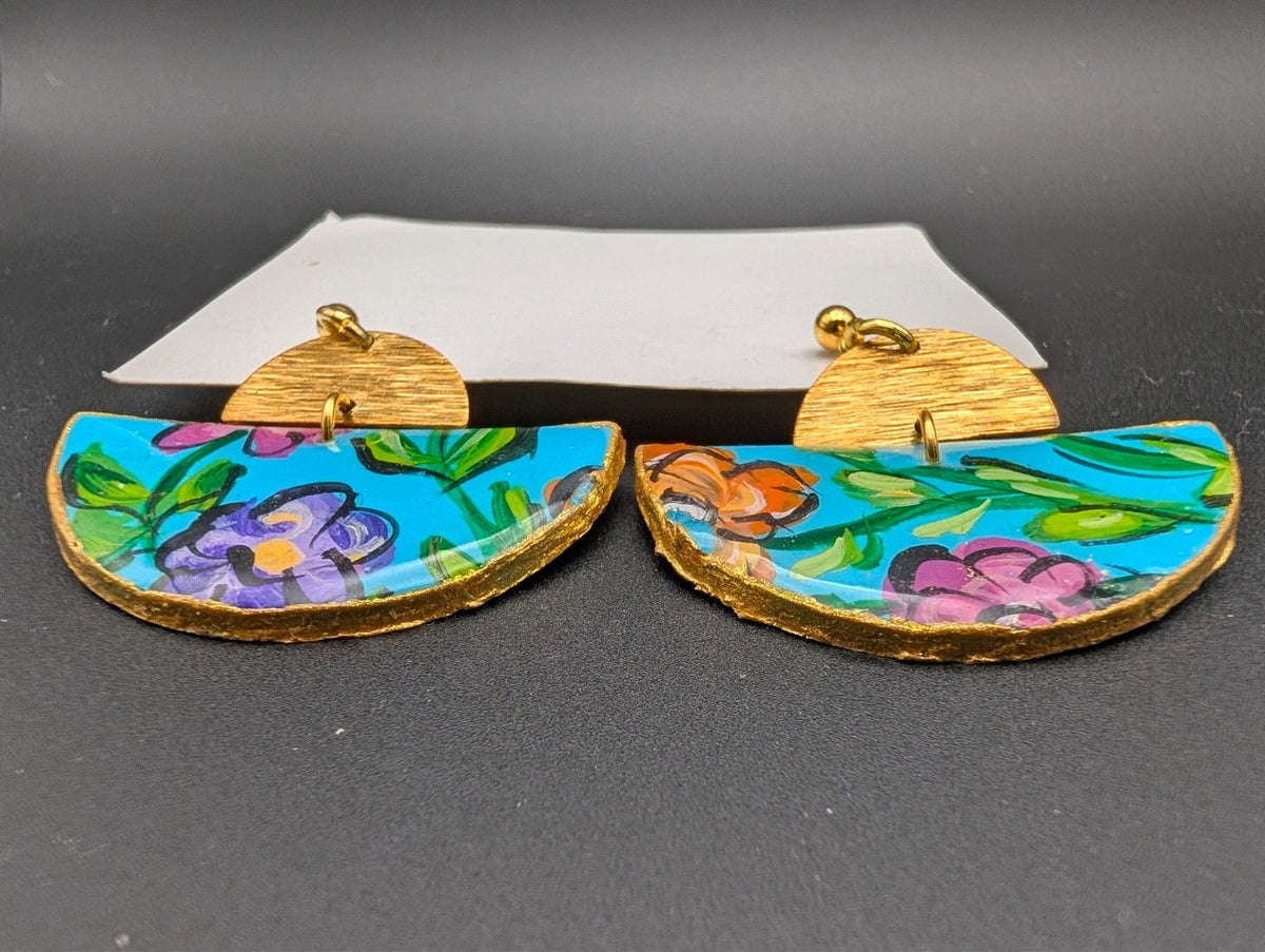 Boho wooden half-moon drop earrings, multicolor floral paint with gold-tone hooks