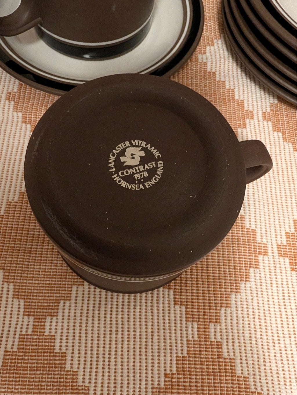 Bottom of brown stoneware jug with Lancaster Vitramic and Hornsea Contrast marks