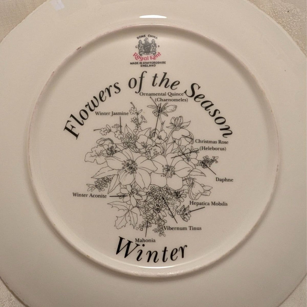 Royal Kent Winter collector plate back, floral line art and season text