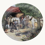 Decorative collector plate with blacksmith scene and floral border, round ceramic