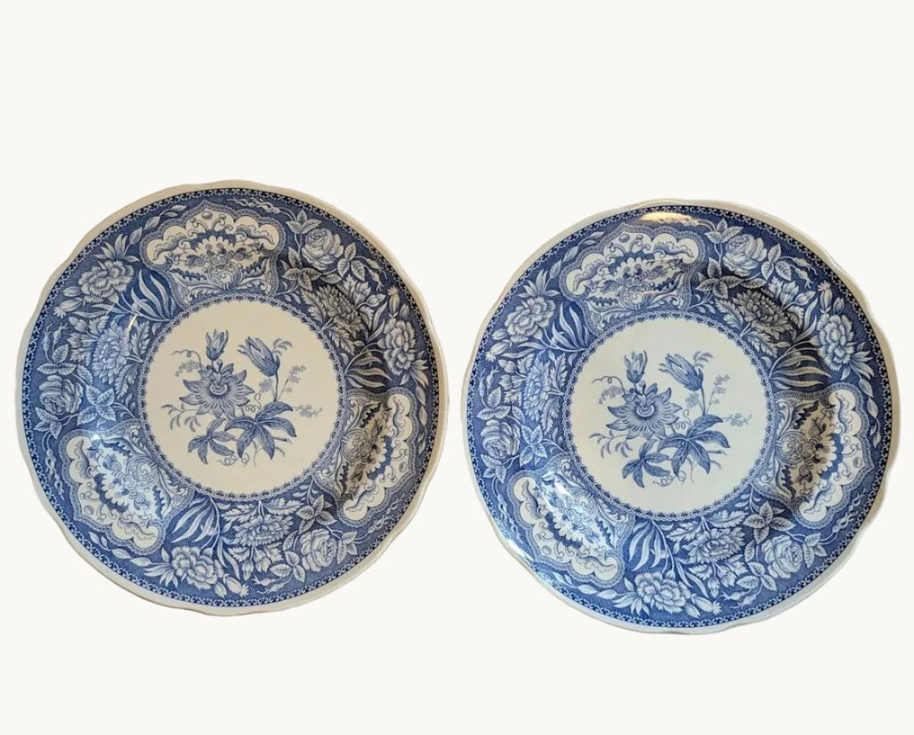 Blue floral dinner plates set of two, 24cm, ornate rim pattern
