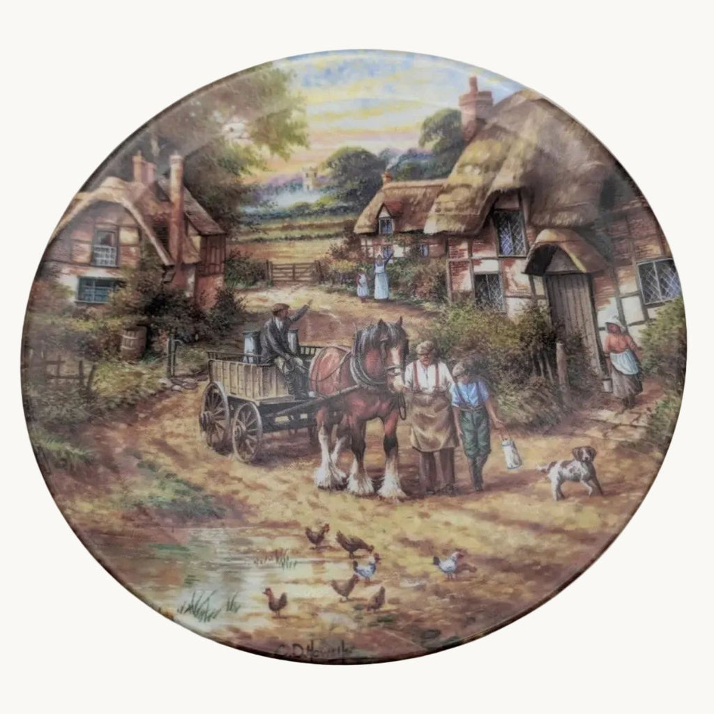 Decorative bone china collector plate with countryside scene, horses and wagon, ducks