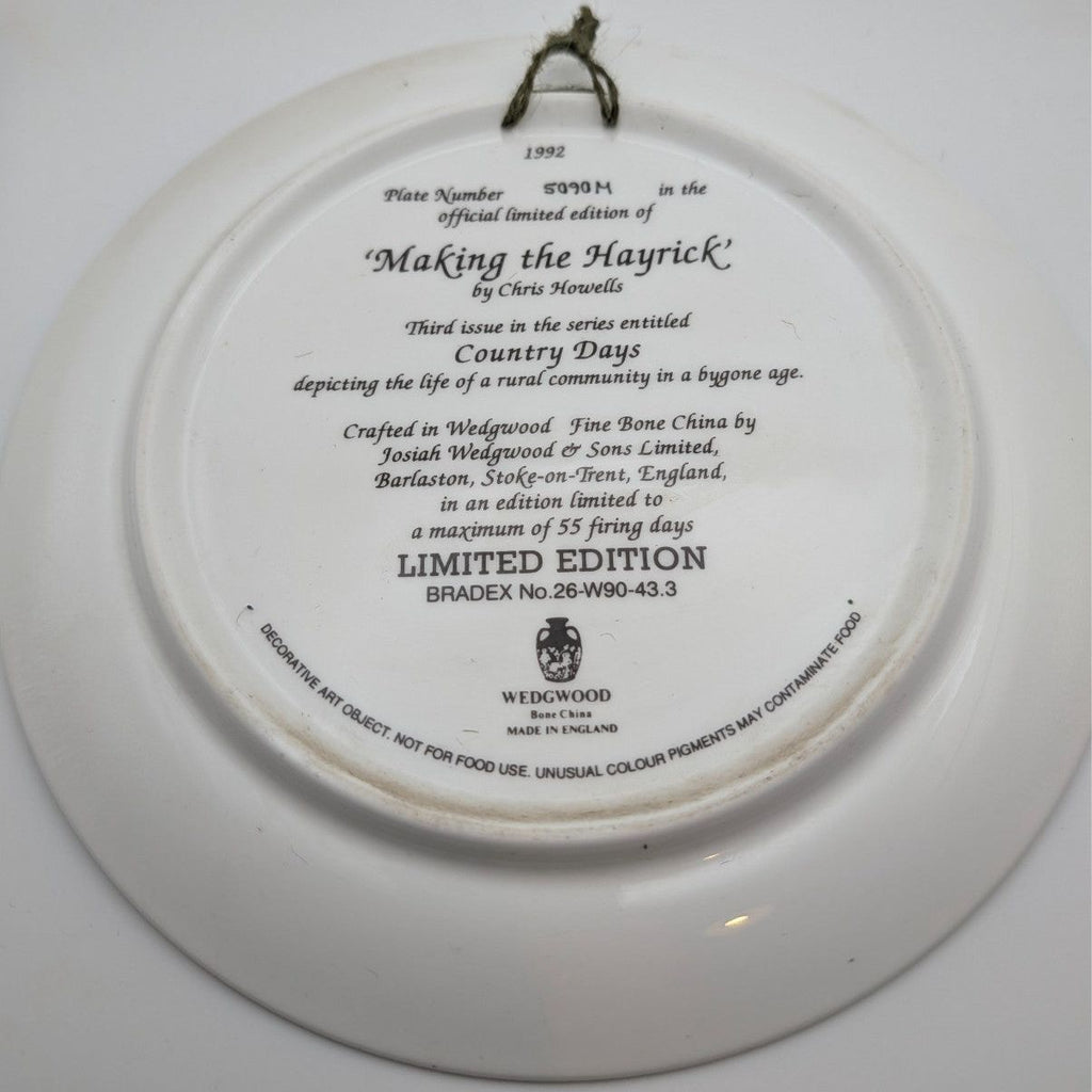 White bone china plate back with Making the Hayrick inscription and limited edition