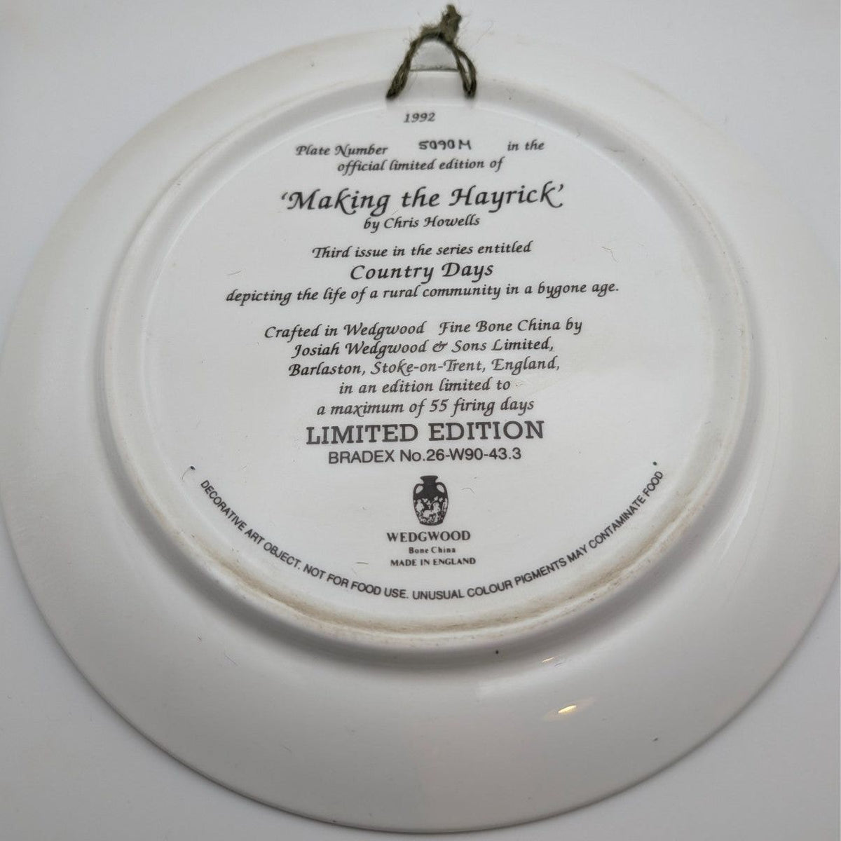 White bone china plate back with Making the Hayrick inscription and limited edition