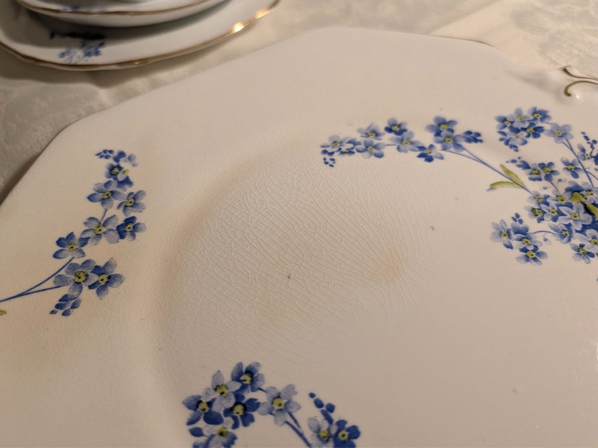 Bone china plate with blue forget-me-not flower spray and delicate gold rim