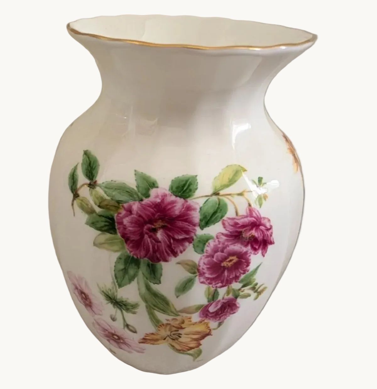 White bone china vase with purple pink flowers, green leaves, and gold rim
