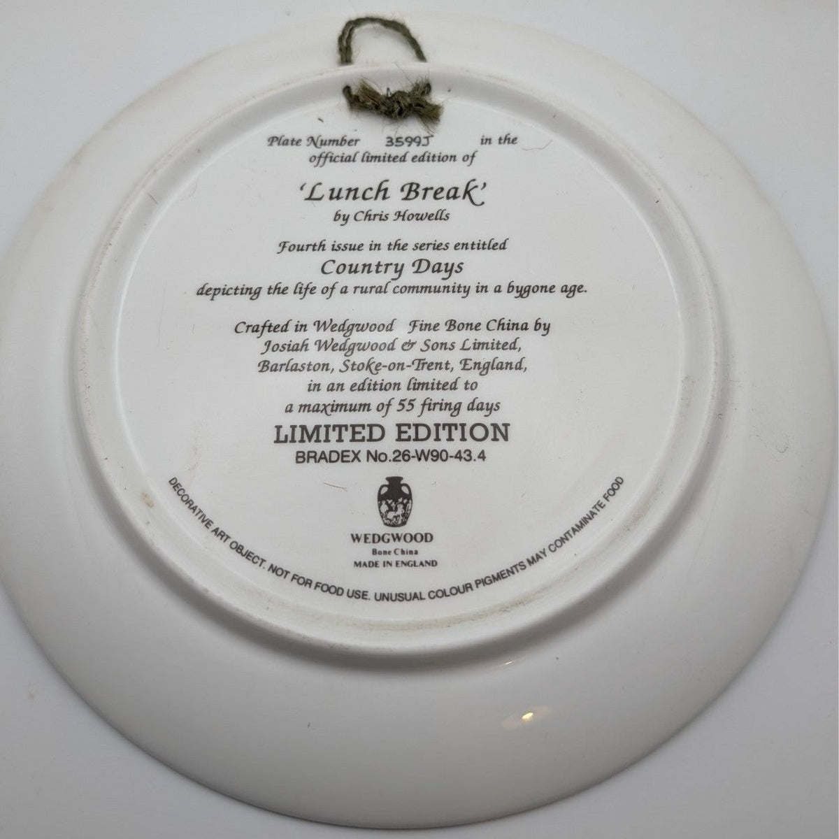 Wedgwood bone china collector plate underside with printed edition and care text