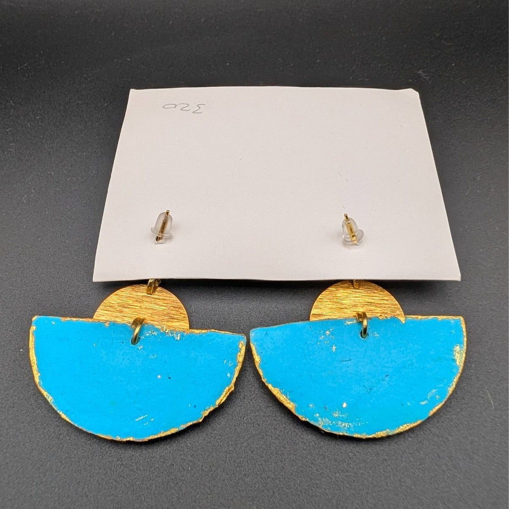 Wooden half-moon drop earrings with blue painted finish and gold-tone hardware