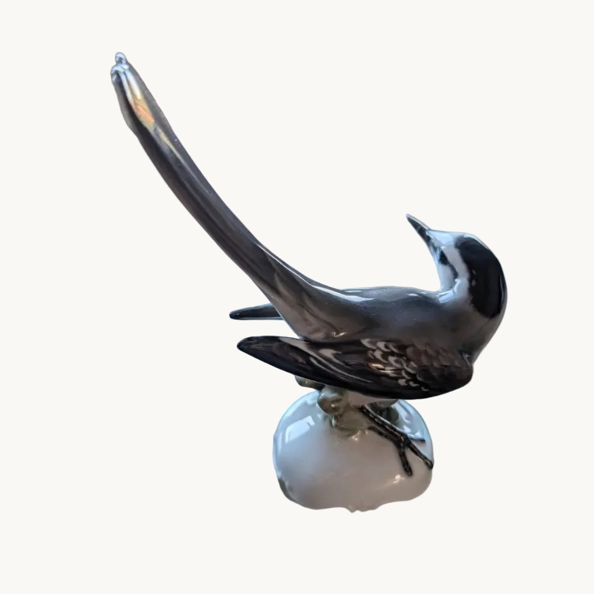 Porcelain pied wagtail figurine, perched on a base