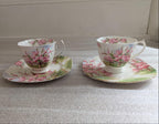 Royal Albert bone china teacups with side plates, pink blossom tree design