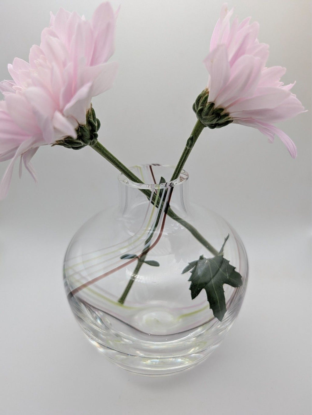 Clear glass bud vase holding two pink flowers with visible internal swirl