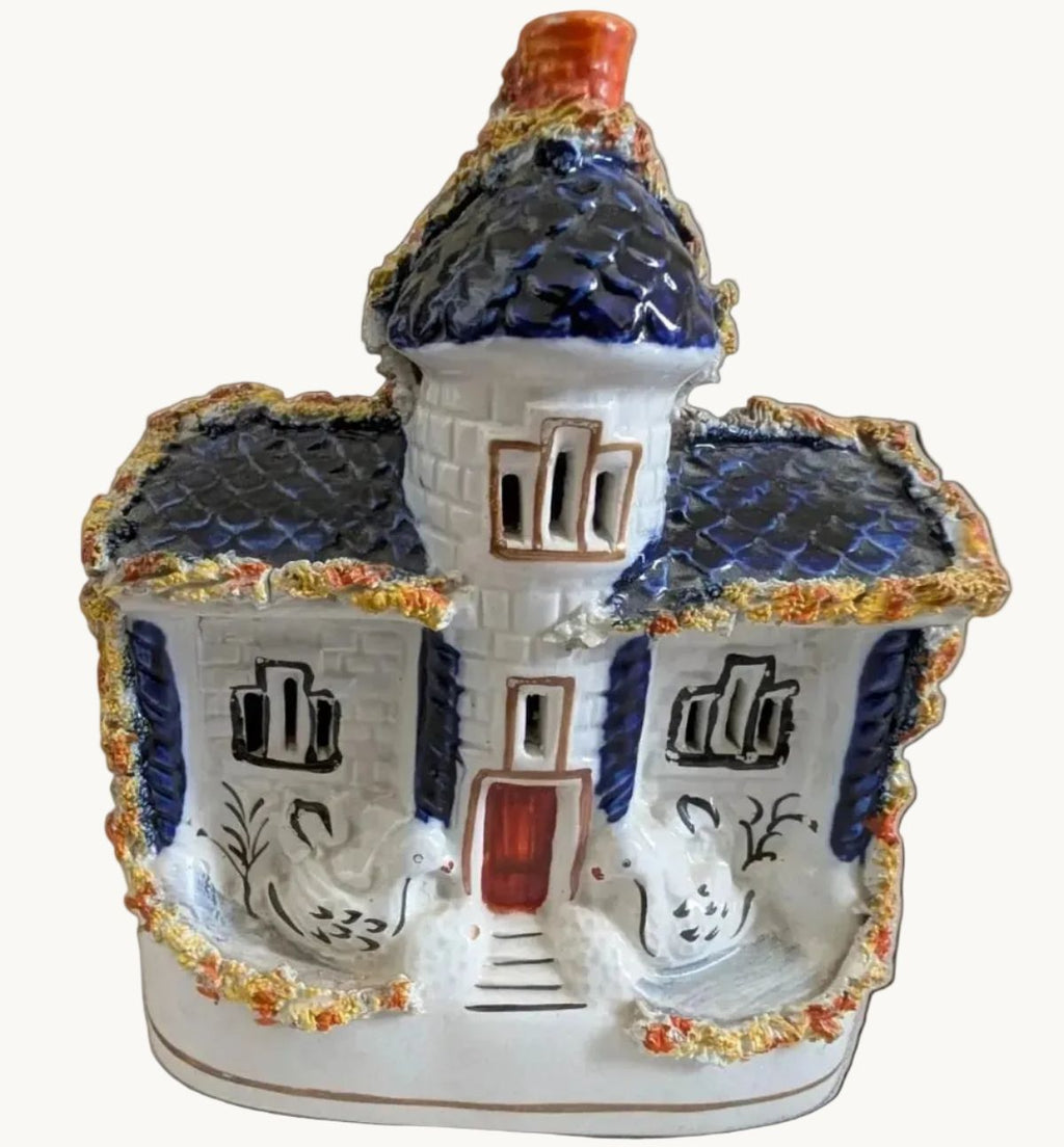 Ceramic cottage pastille burner with blue roof and village windows, decorative facade