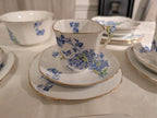 Blue floral bone china teacup with matching saucer and gold edge