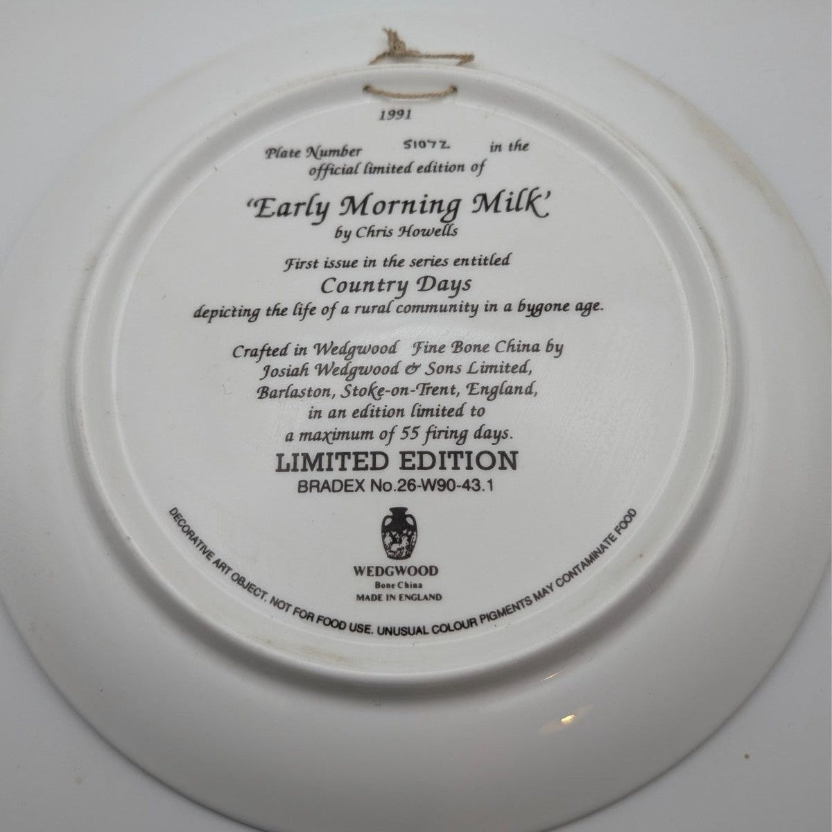 Collector plate back with 'Early Morning Milk' and 'LIMITED EDITION' text