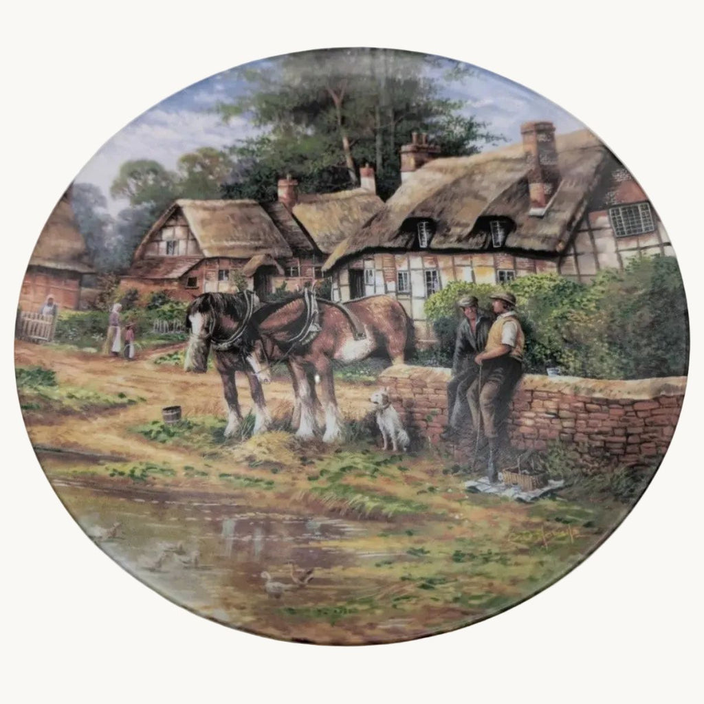 Wedgwood bone china collector plate with countryside scene illustration, round