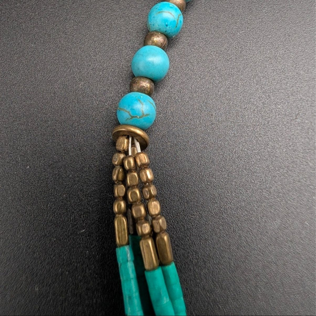 Turquoise bead strand with bronze bead end caps and chain clasp, boho choker