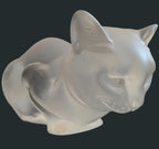 Frosted crystal cat sculpture, crouching pose with head turned left, textured face
