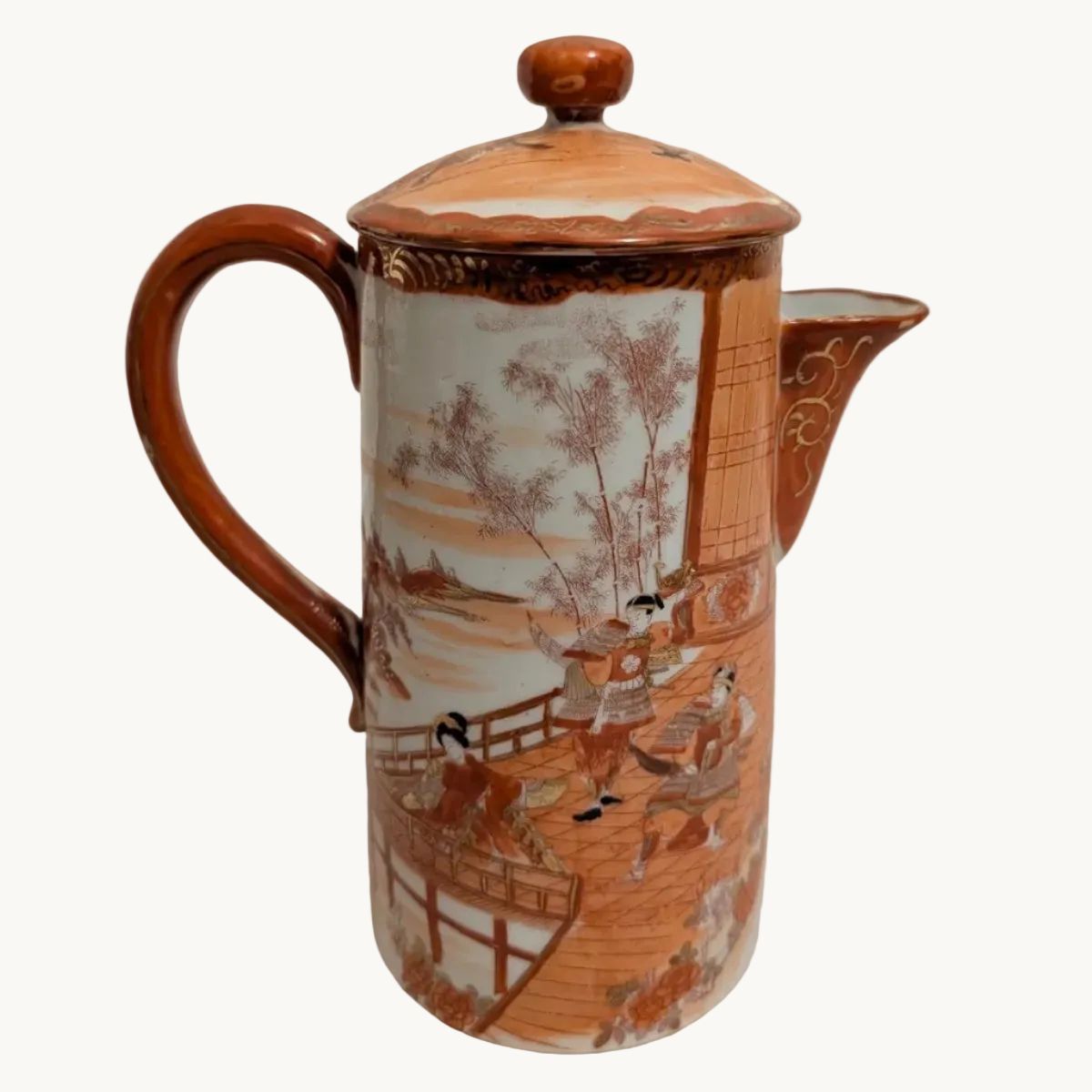 Hand-painted porcelain coffee pot with lid, orange-brown scenes, curved handle