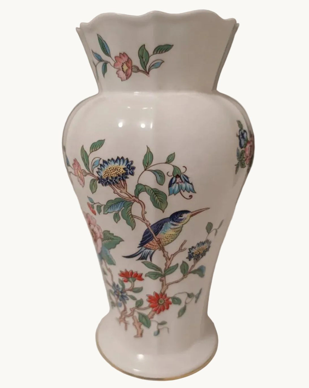 White fine bone china vase with blue bird and multicolor floral print