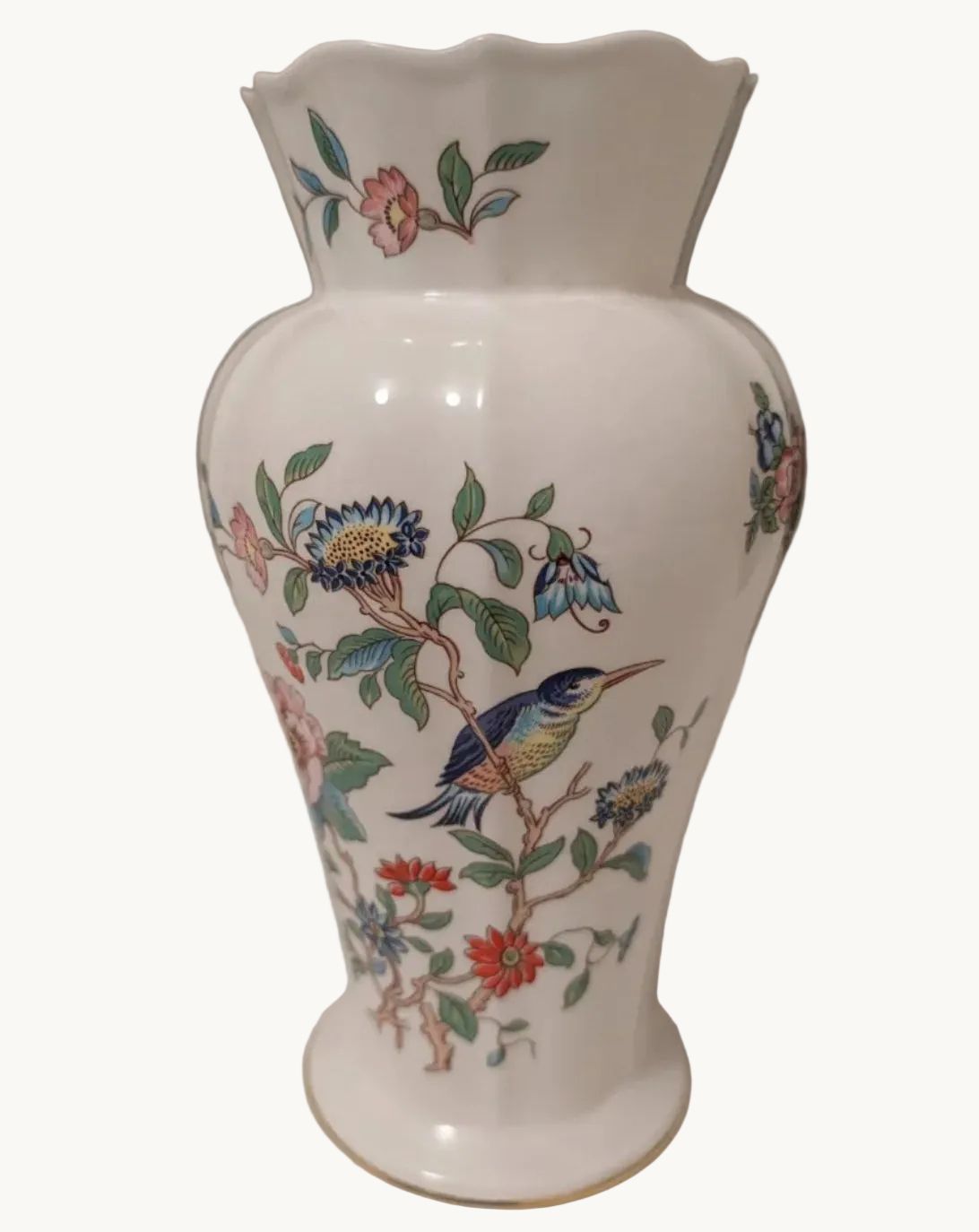 White fine bone china vase with blue bird and multicolor floral print