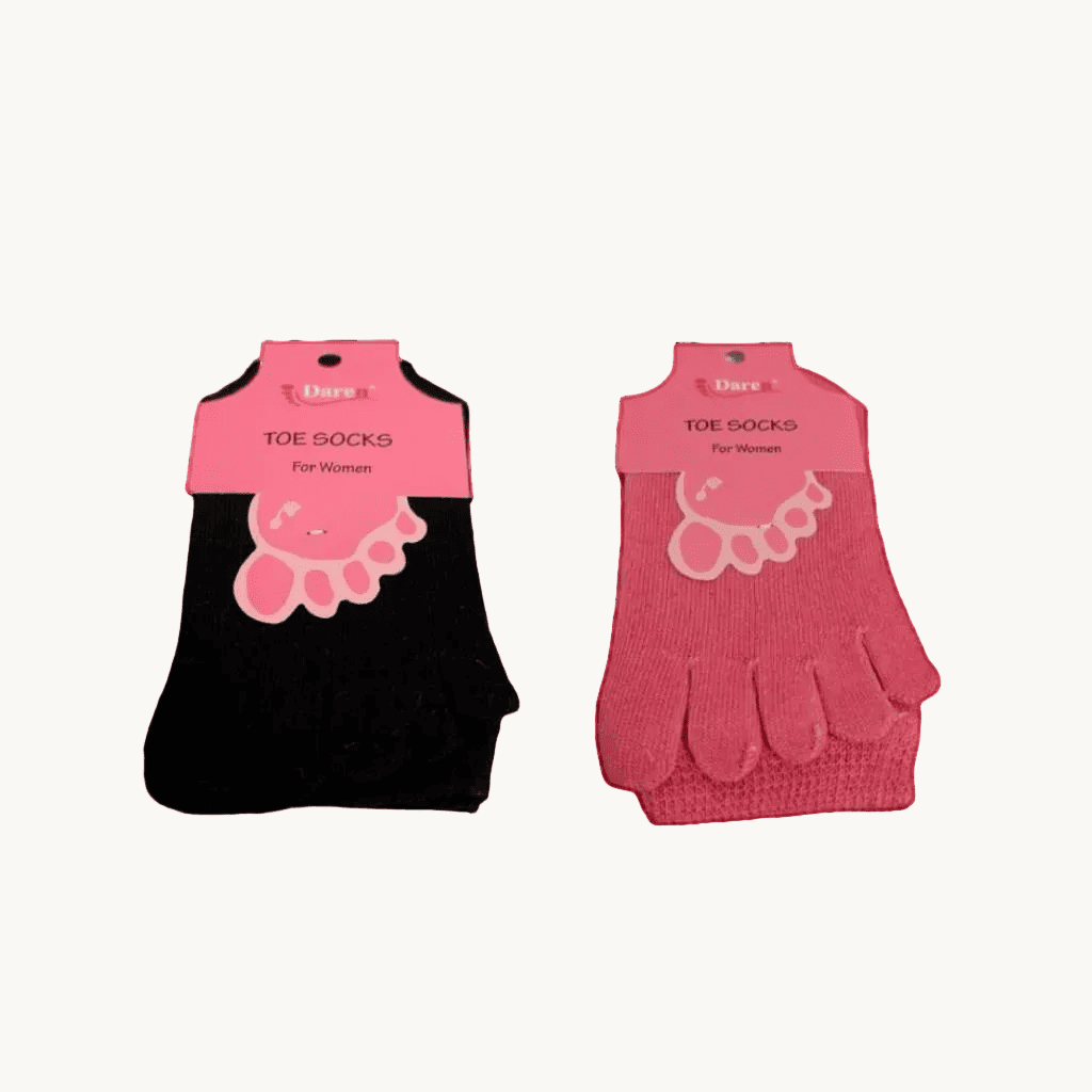 Pink and black cotton 5-finger toe socks, mid-calf crew