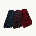 Set of space-dye five-finger no-show toe socks: blue, purple, red